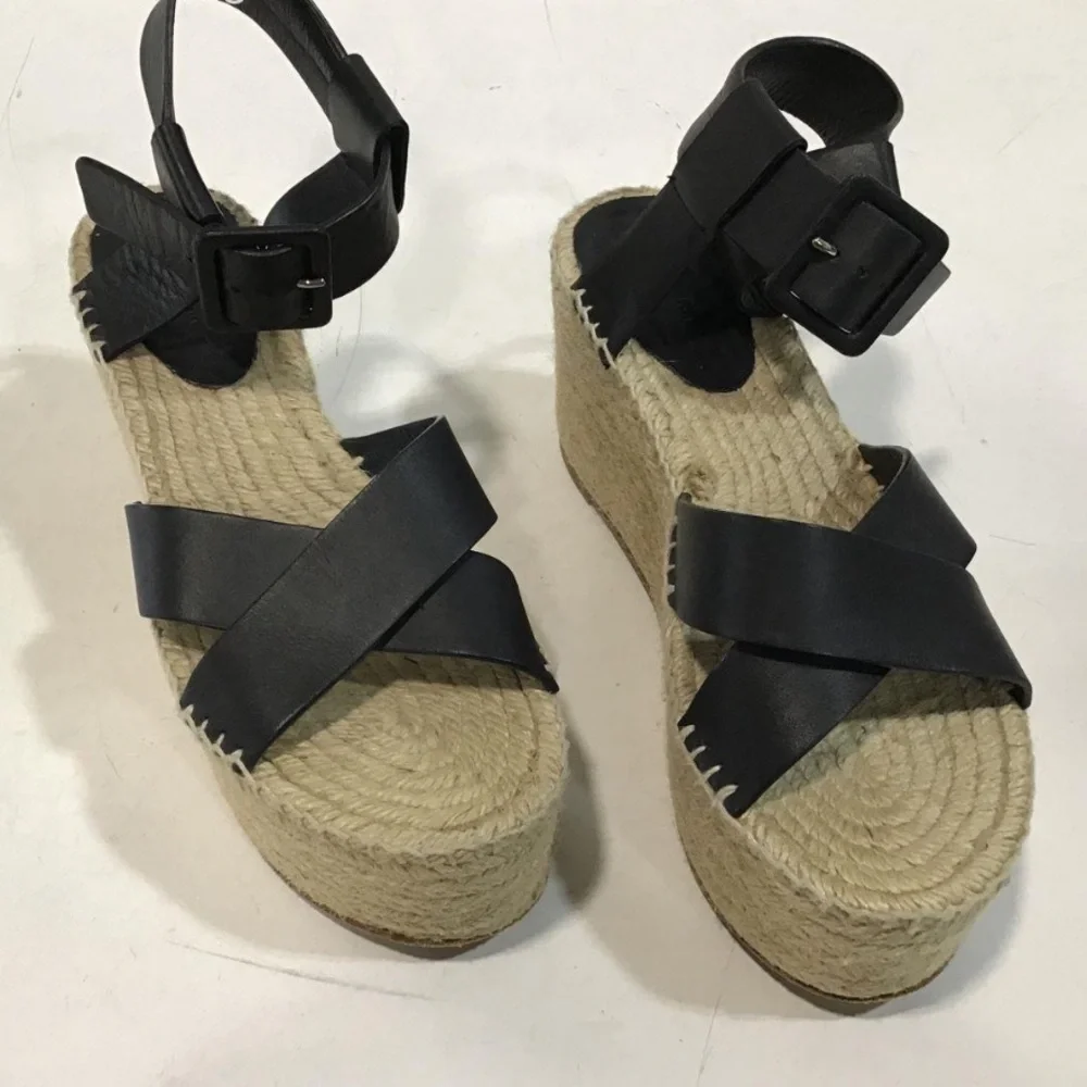 Women’s Chloe Isla Black Leather Platform Espadrille Sandals Size 38